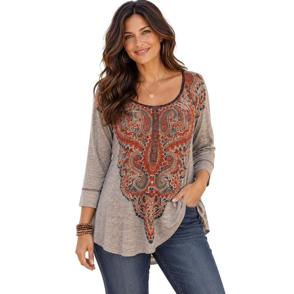 One World NEW Radiant Canyon Henley Top Womens Large Petite Boho Knit Tee